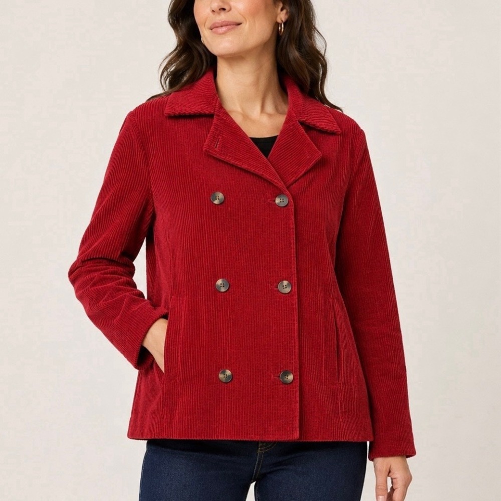 LL Bean Red Corduroy Double Breasted Insulated Jacket Peacoat Medium Petite